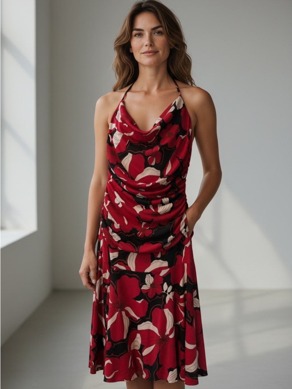 Ruby Red Black Floral Cowl Neck Halter Dress Size L